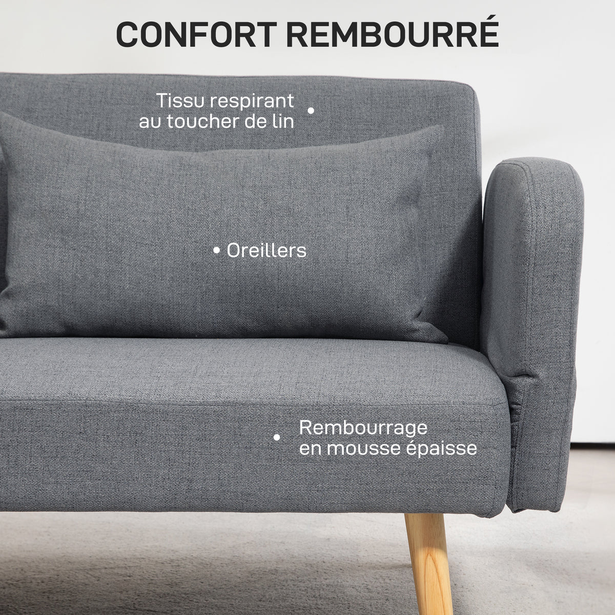 Canapé convertible 3 places design clic clac dossier inclinable et accoudoirs réglables tissu effet lin gris