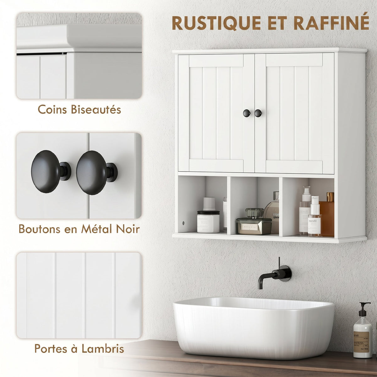 Armoire murale de salle de bain, meuble de rangement avec 2 portes, étagère réglable et compartiments ouverts, blanc