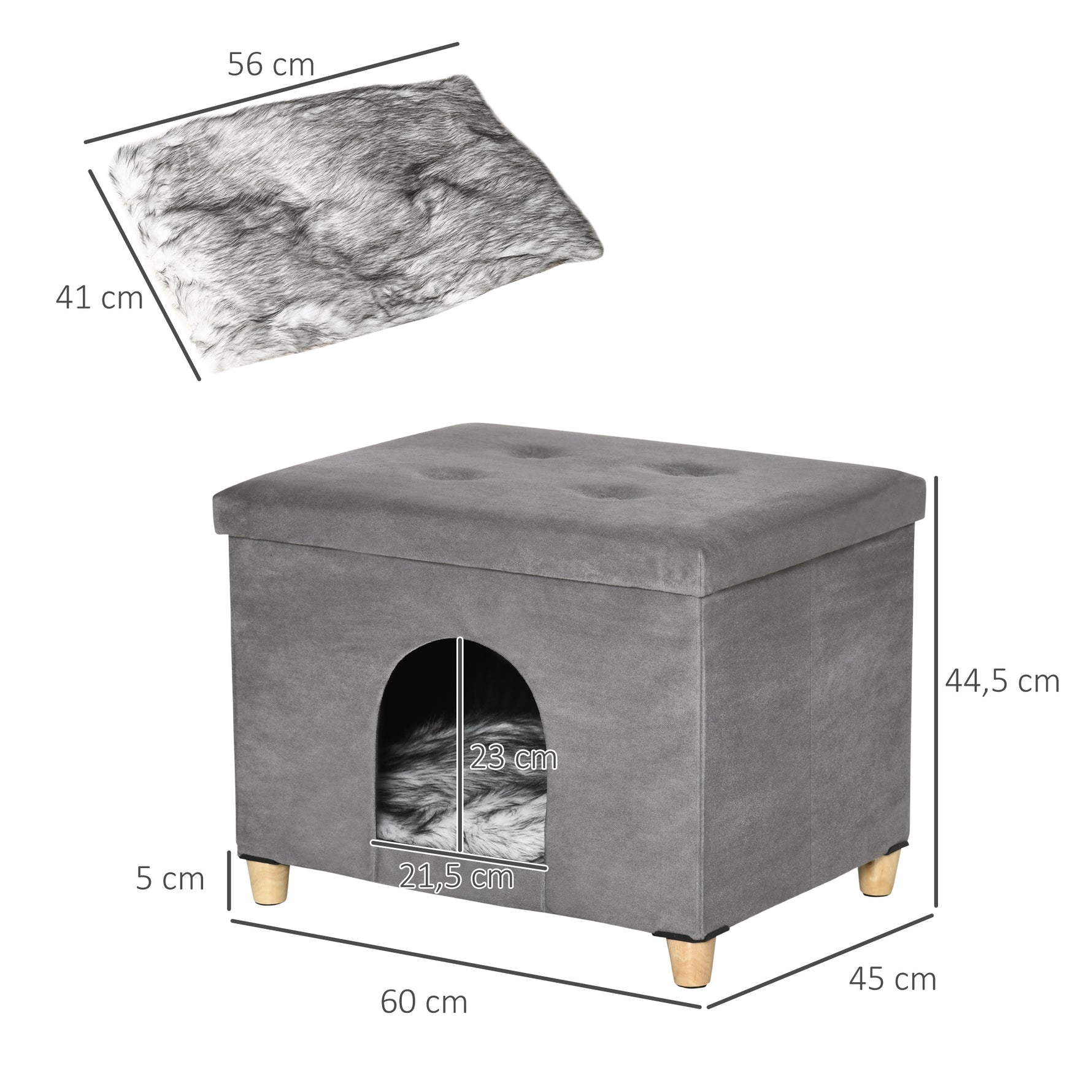 Niche chat maison de chat design surélevé avec coussin amoviable et lavable en peluche doux repose-pieds, dessus ouvrable, gris