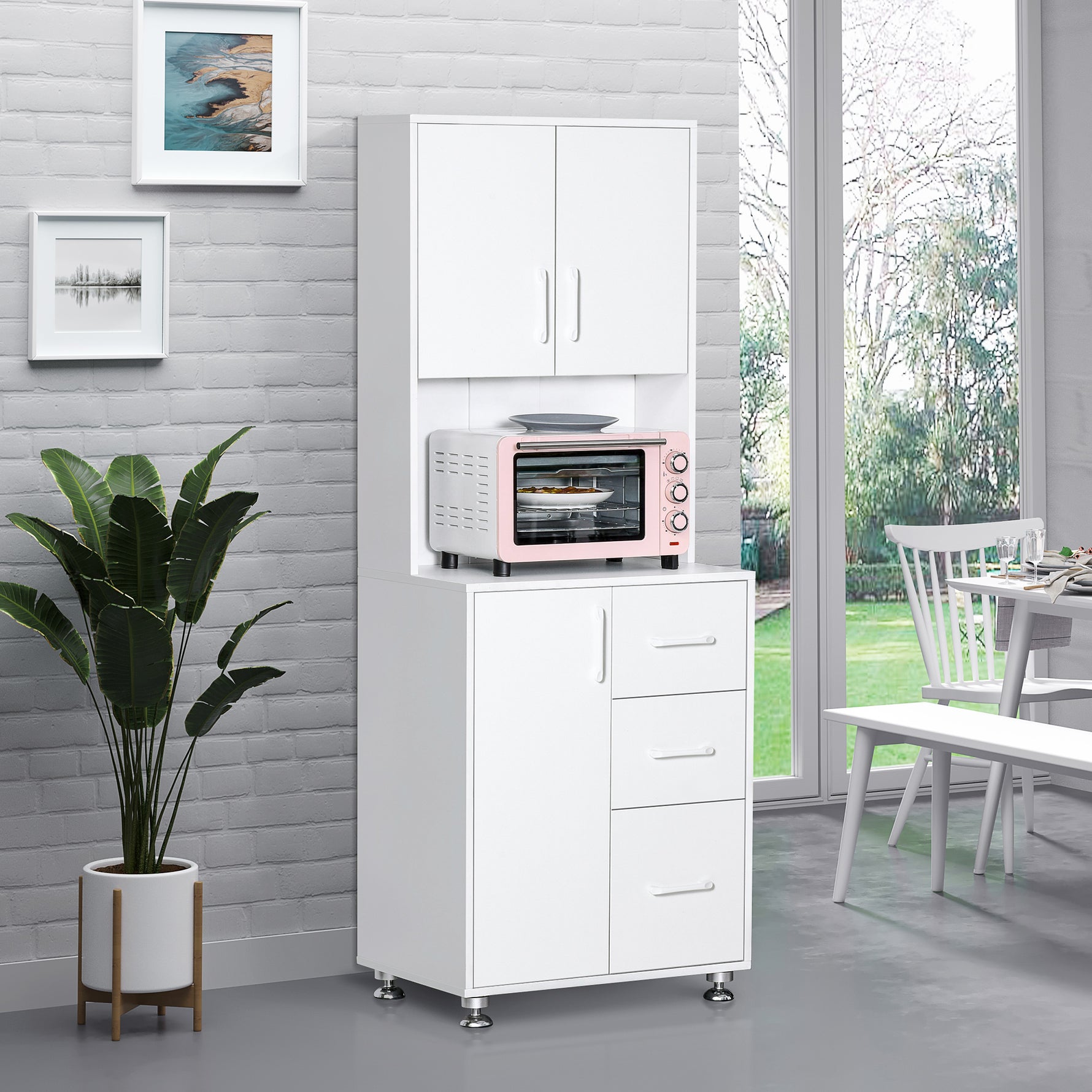 Buffet haut cuisine, armoire de cuisine avec 3 portes, 3 tiroirs et plan de travail, 60 x 40 x 160 cm, blanc