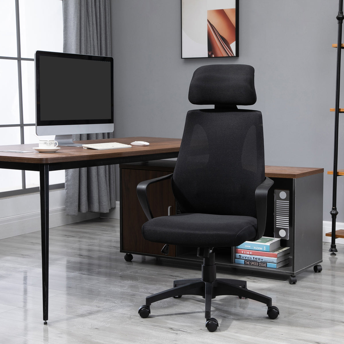 Chaise bureau ergonomique, fauteuil de bureau en maille, appui-tête, hauteur réglable, 64 x 55 x 116-126 cm, noir