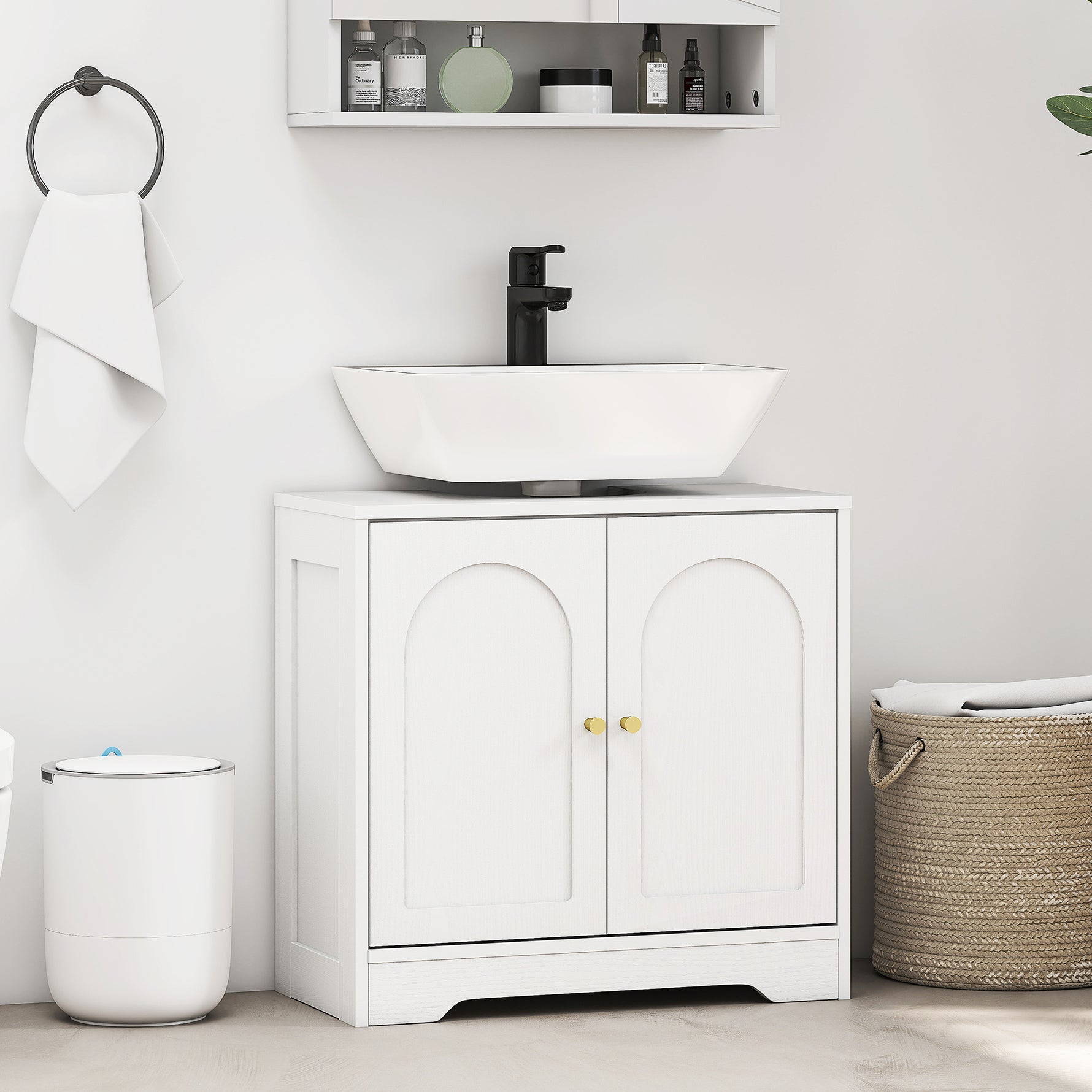 Meuble sous lavabo salle de bain avec placard à portes et étagère réglable, pour bassin avec ou sans pédestal, blanc