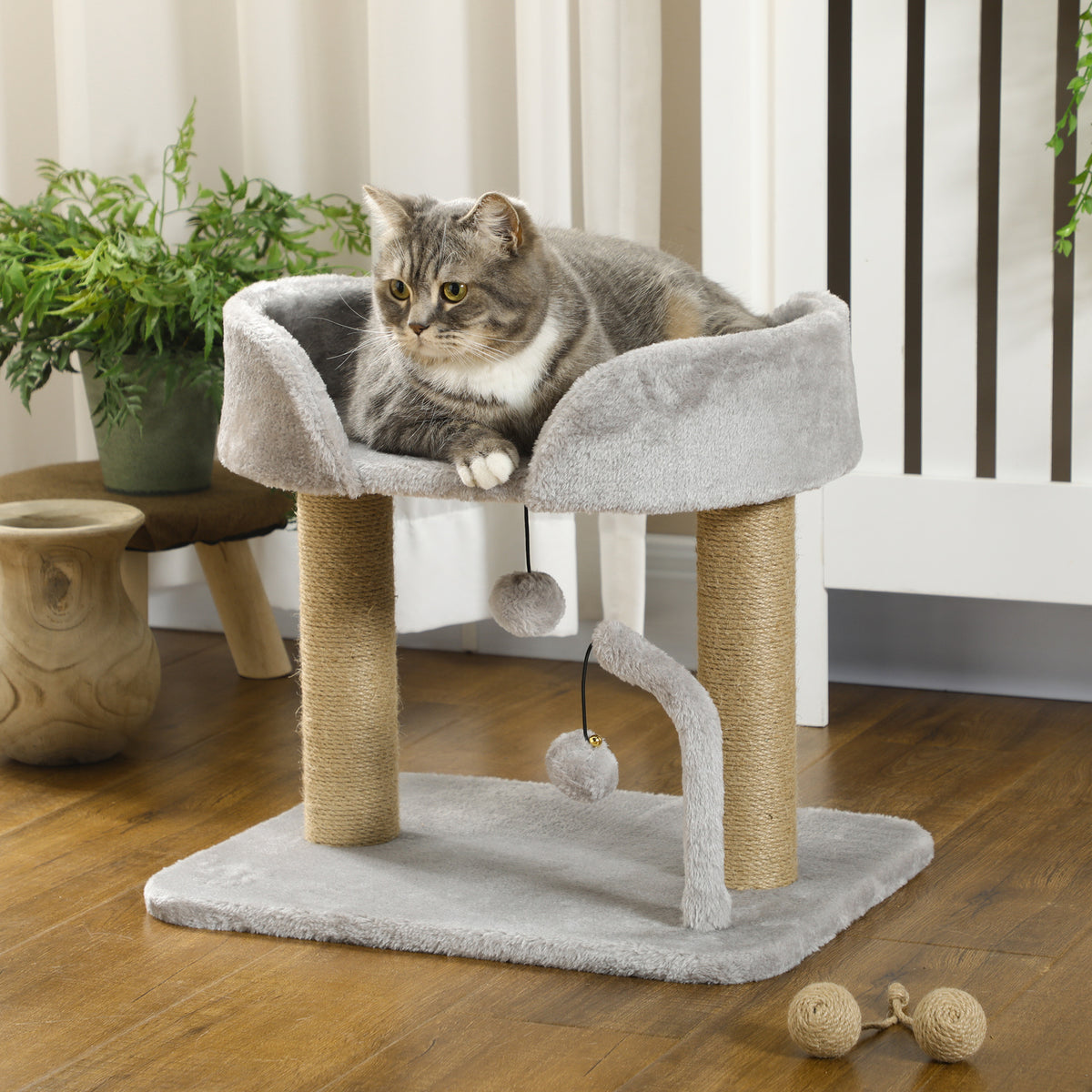 Designer cat scratching tree with 2 hanging pom-pom toys, 2 jute-covered posts, plush platform, jute, 48 x 38 x 42 cm, grey