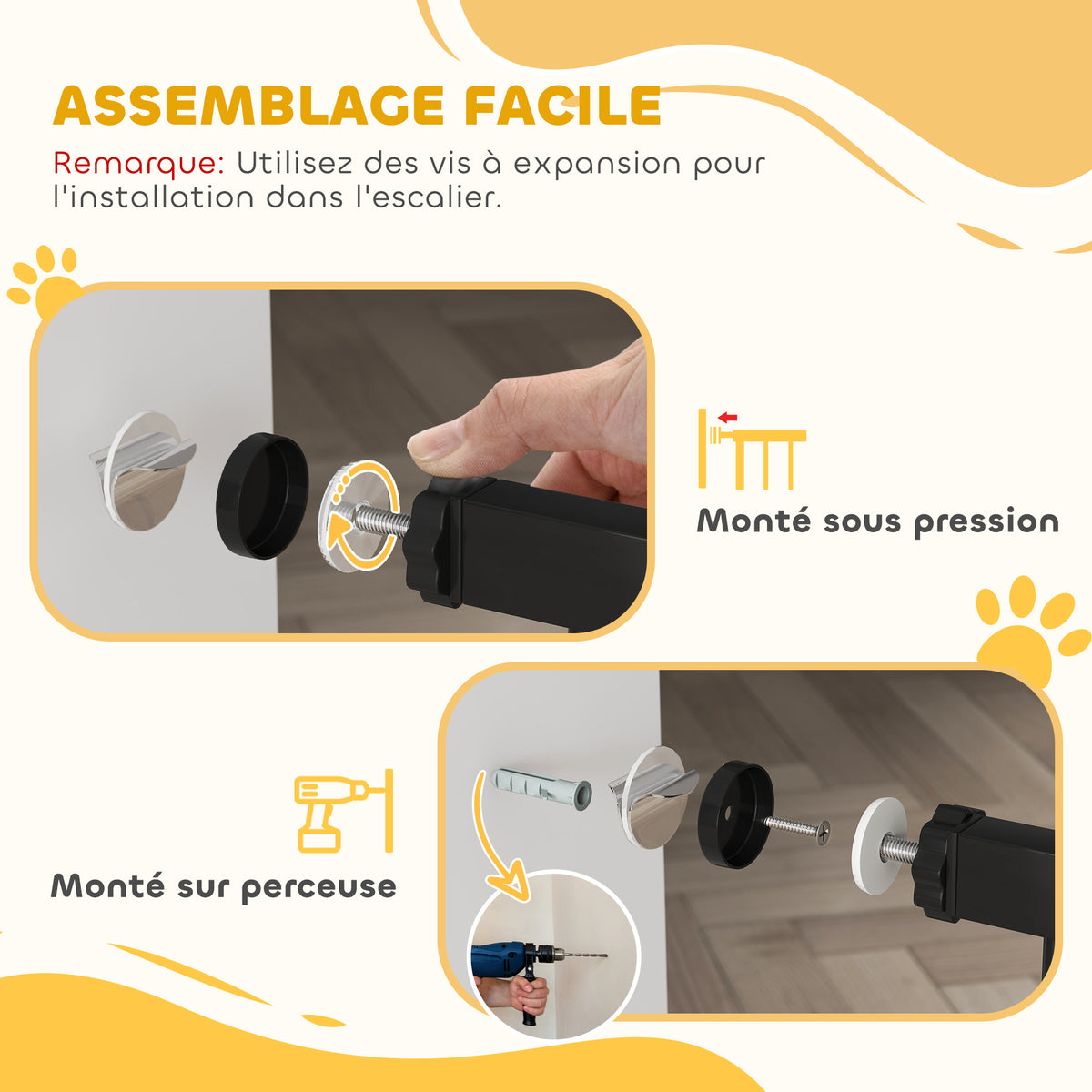 Barrière de Sécurité Chien Réglable 76-107 cm, avec 2 Rallonges (10/15 cm), Ouverture d'une Main, sans Perçage, Noir