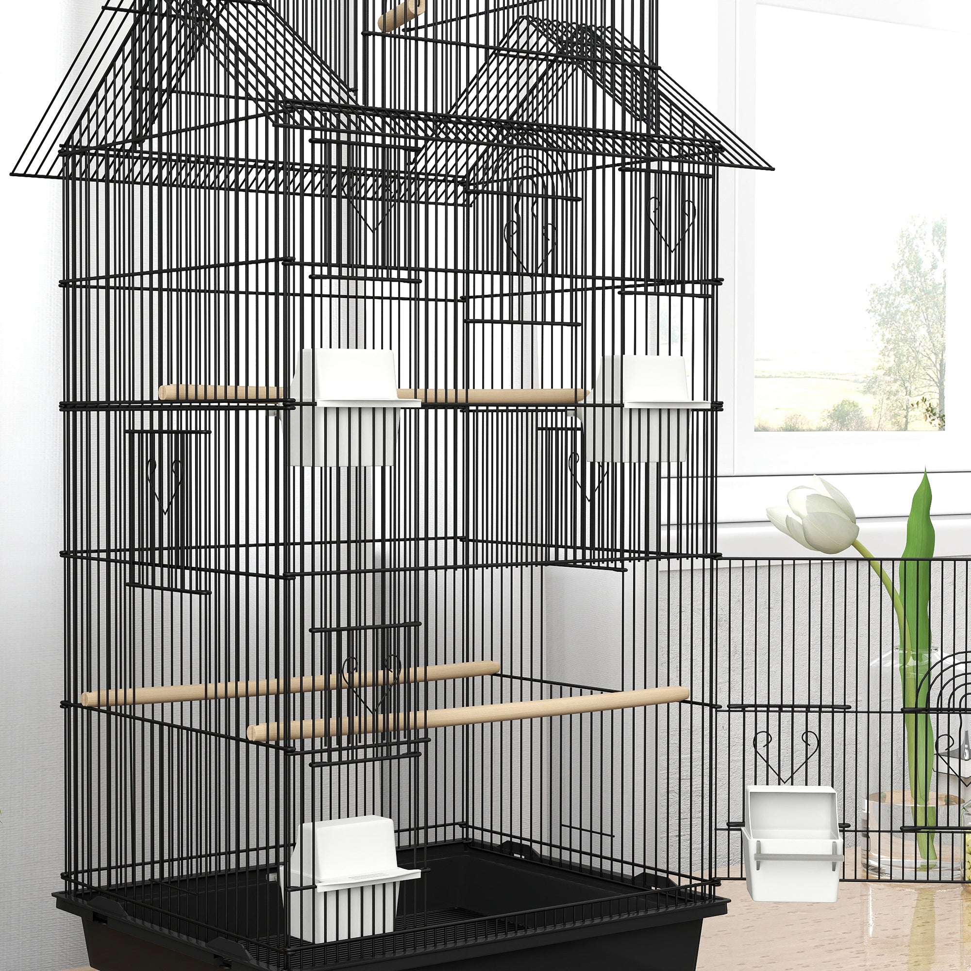 Cage à oiseaux volière avec balançoire poignée portable 4 mangeoires 3 perchoirs 50,5 x 41 x 104 cm en acier noir