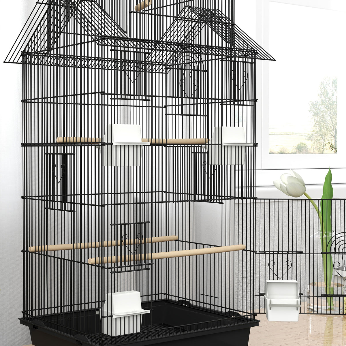 Cage à oiseaux volière avec balançoire poignée portable 4 mangeoires 3 perchoirs 50,5 x 41 x 104 cm en acier noir