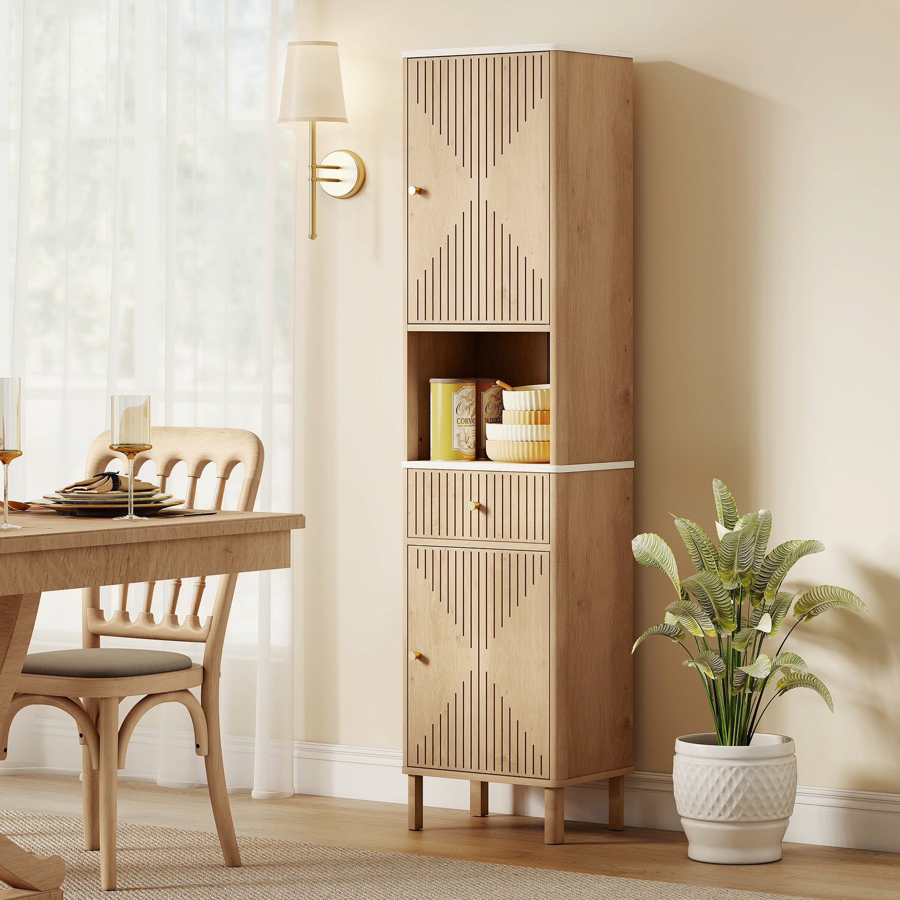 Armoire salle de bain haute meuble de rangement colonne avec tiroir coulissant silencieux 2 placards 41,5x30x168cm chêne