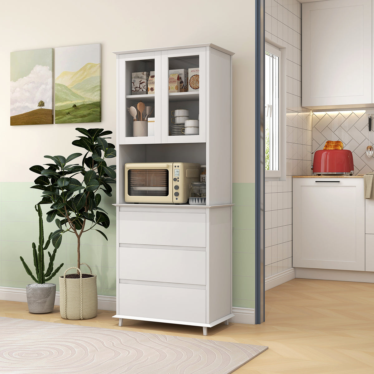 Buffet de cuisine meuble de rangement placard 2 portes 3 tiroirs et niche centrale dim. 68L x 38l x 172H cm MDF blanc