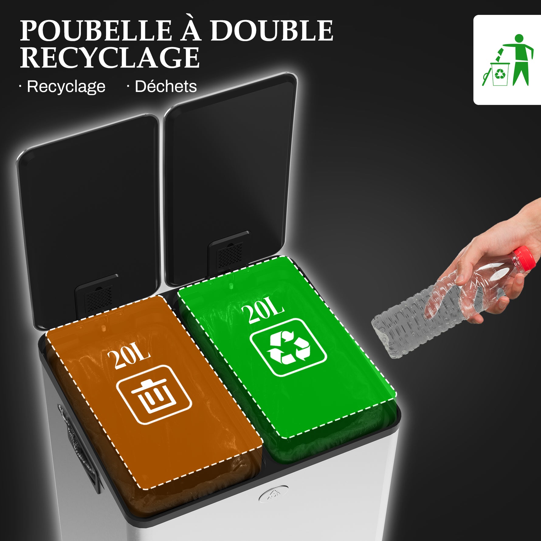 Poubelle de cuisine double, 2 x 20L, 2 couvercles à fermeture douce, seaux intérieurs amovibles et poignées