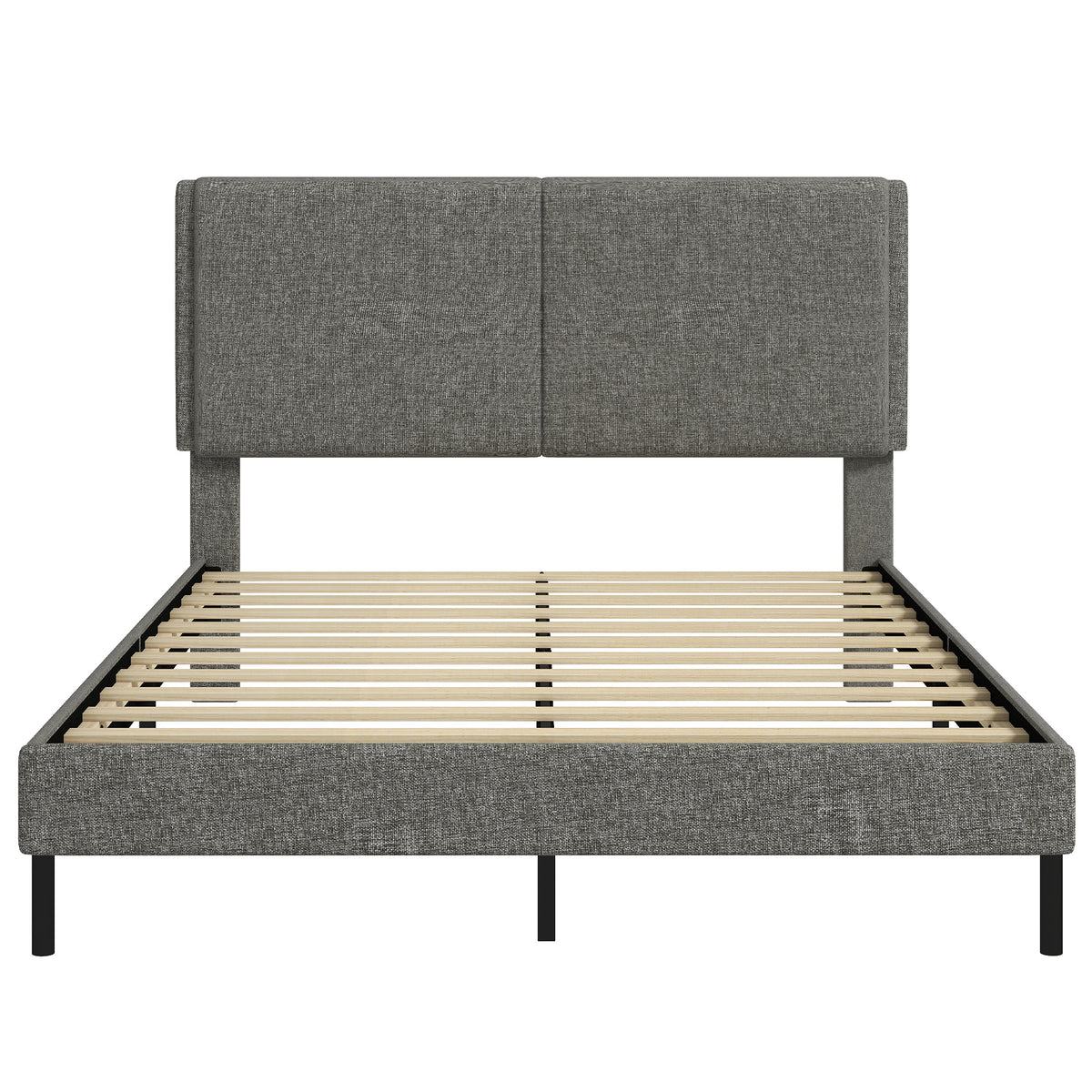 Estructura de cama de 140 x 190 cm con somier y cabecero ajustable, cama doble tapizada en lino, almacenamiento inferior, gris
