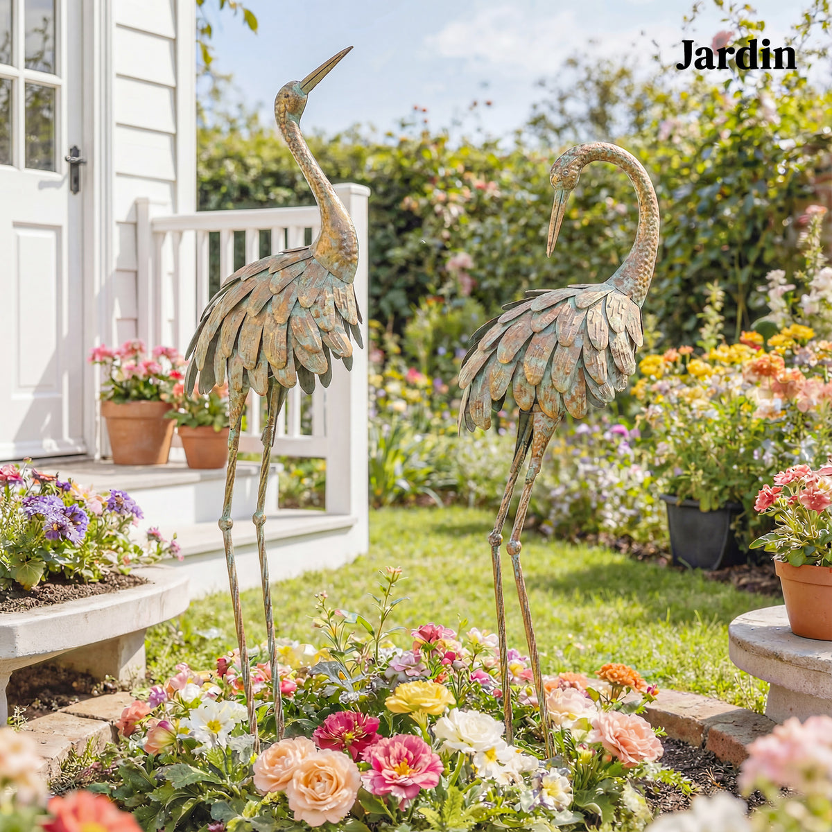 Lot de 2 Statues de Jardin, Sculpture de Héron en Métal, Statues d'oiseaux 91/95cm, pour Cour, Étang, Terrasse, or/bleu