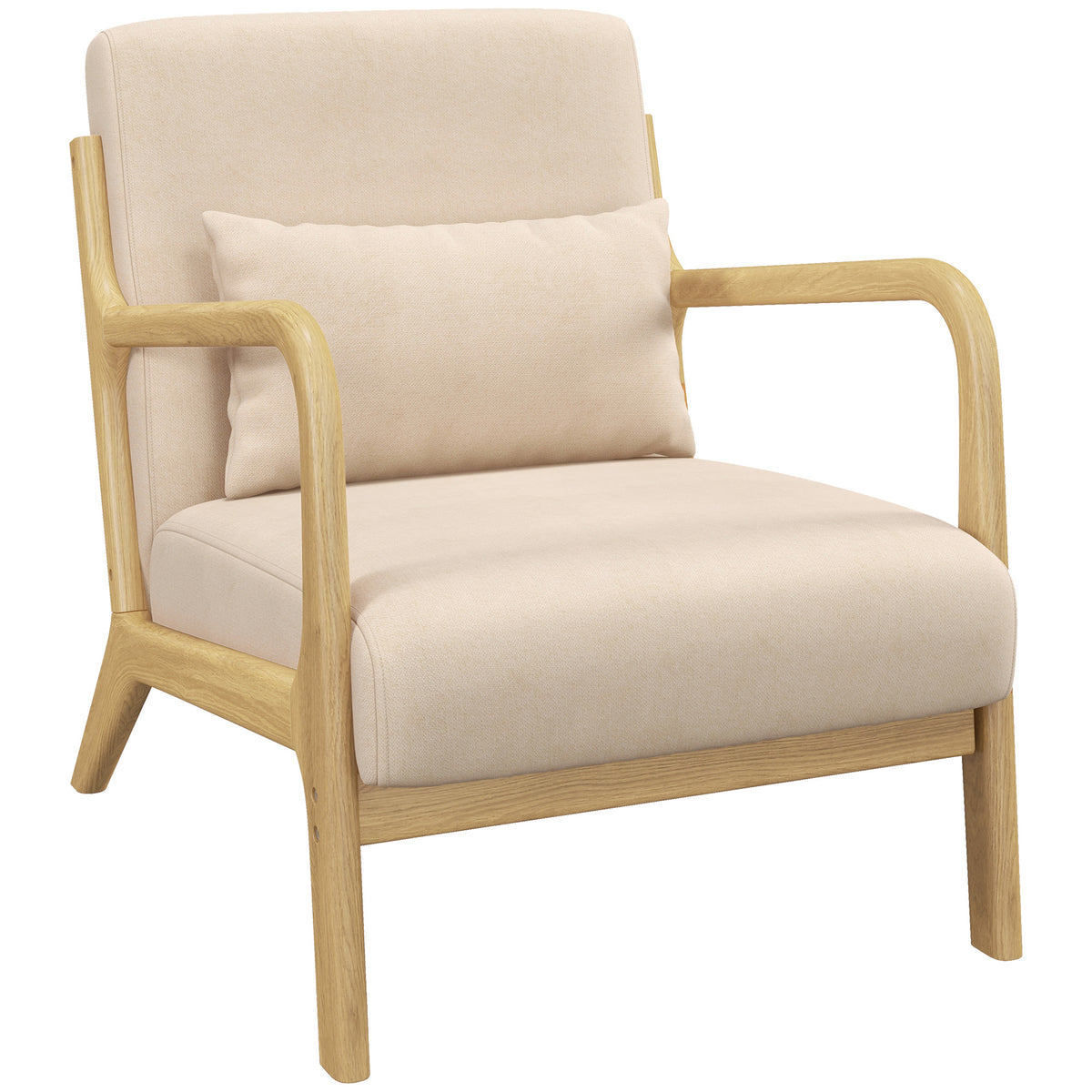 Fauteuil lounge - 3 coussins inclus - assise profonde - accoudoirs - structure bois hévéa - aspect velours beige
