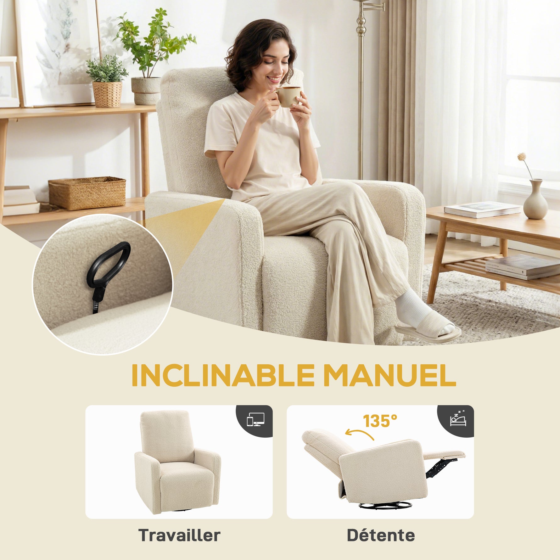 Fauteuil inclinable, fauteuil de relaxation avec repose-pieds, pivotant à 360° et basculant, 76 x 94 x 100 cm, beige