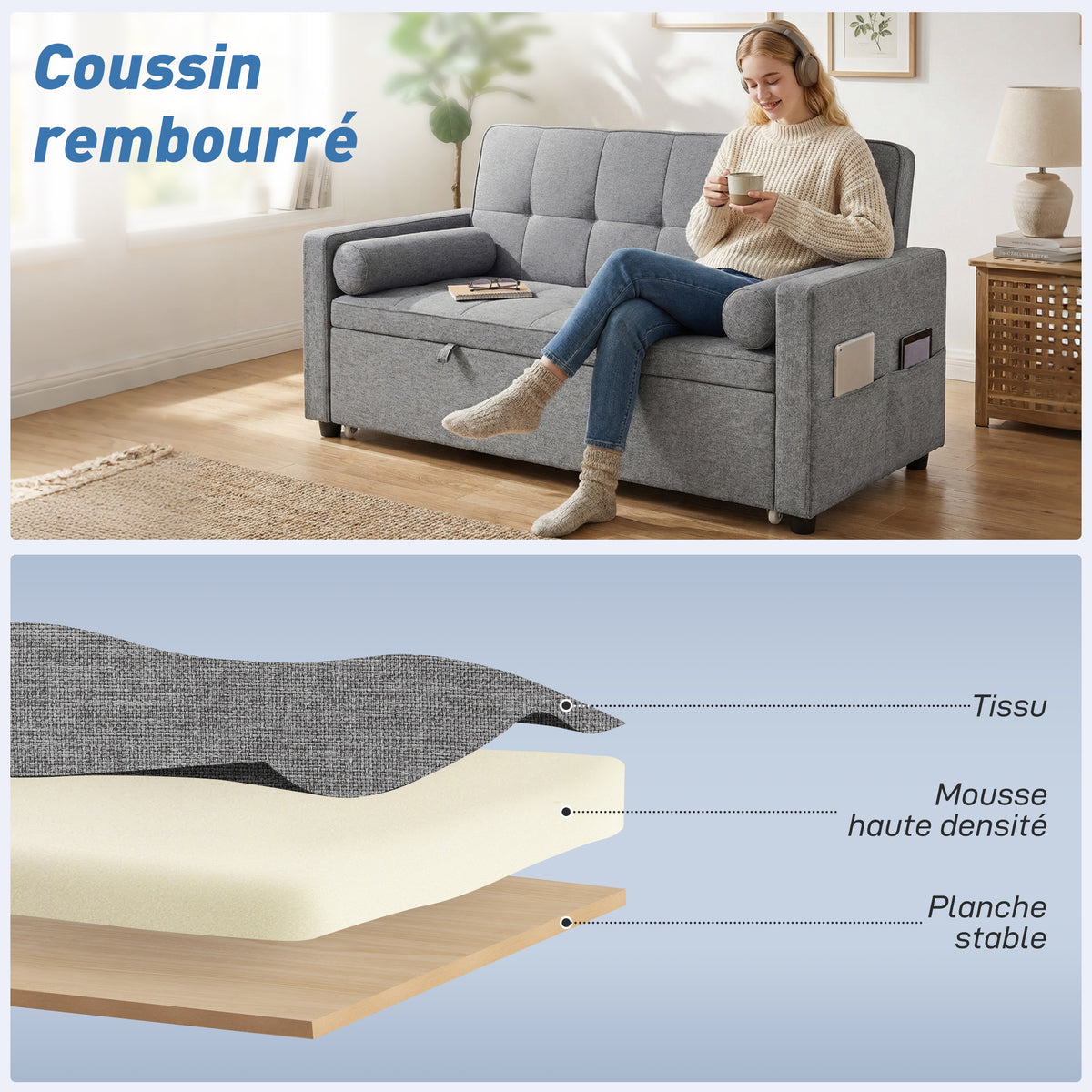 Canapé convertible 2 places 3 en 1 canapé-lit avec lit gigogne double dossier réglable 2 coussins 80,5x137,5x84cm gris-5