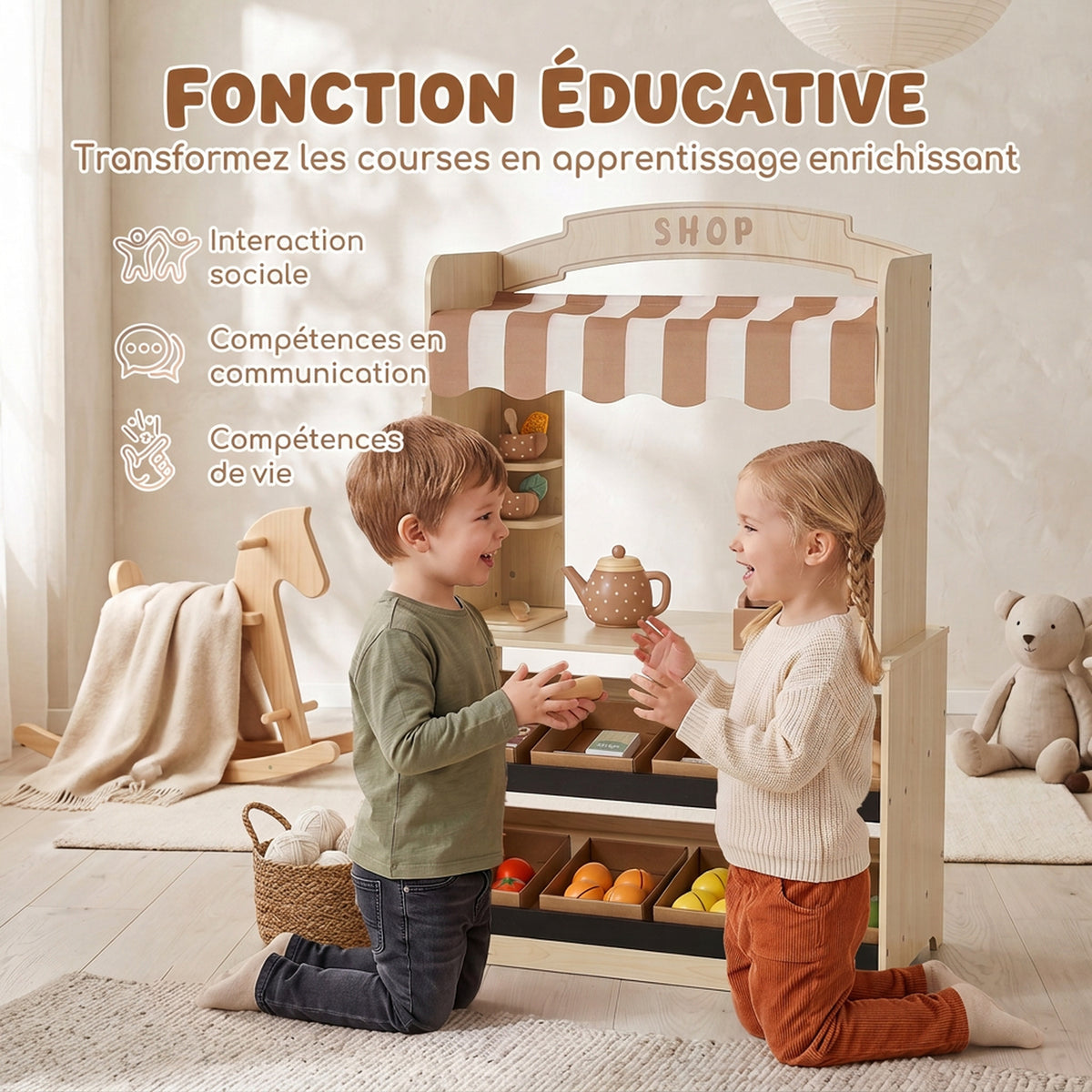 Holz-Rollenspielset für Kinder, Kasse, Spiellebensmittel, Kreidetafel und 61 Zubehörteile, für 3 bis 8 Jahre
