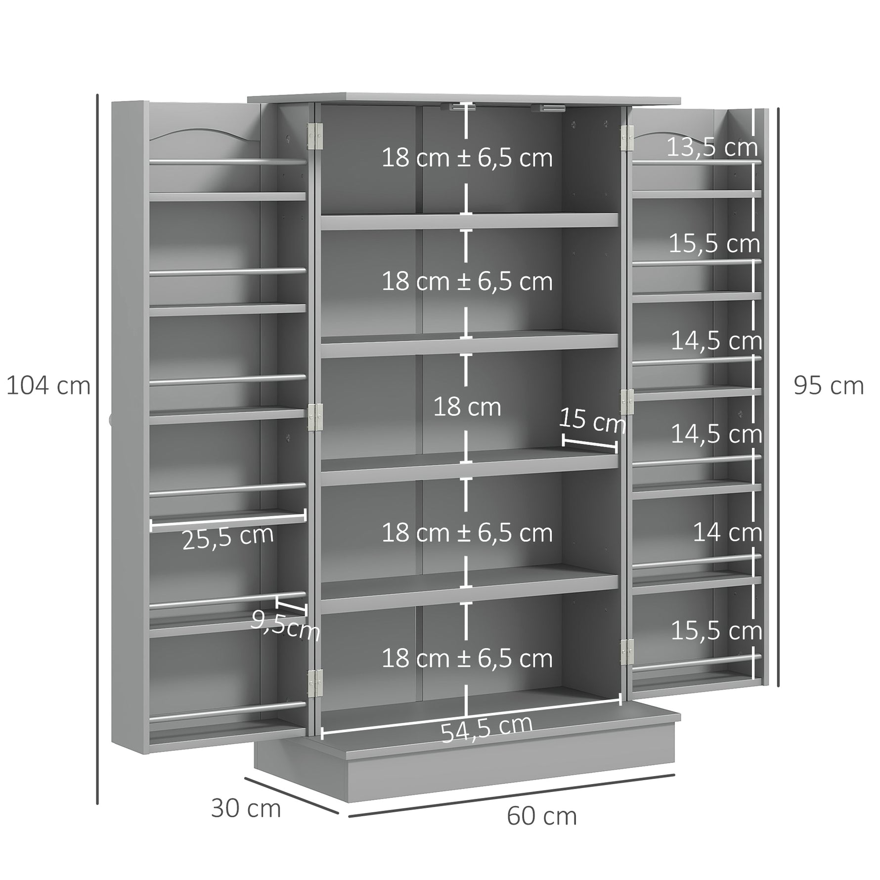 Armoire meuble de cuisine garde-manger 2 portes avec 5 étagères et 12 porte-épices - 60 x 30 x 104 cm - gris