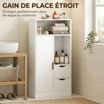 Mobiletto da bagno, mobile contenitore stretto con 2 cassetti, scomparti a giorno, 50x25x100cm, bianco