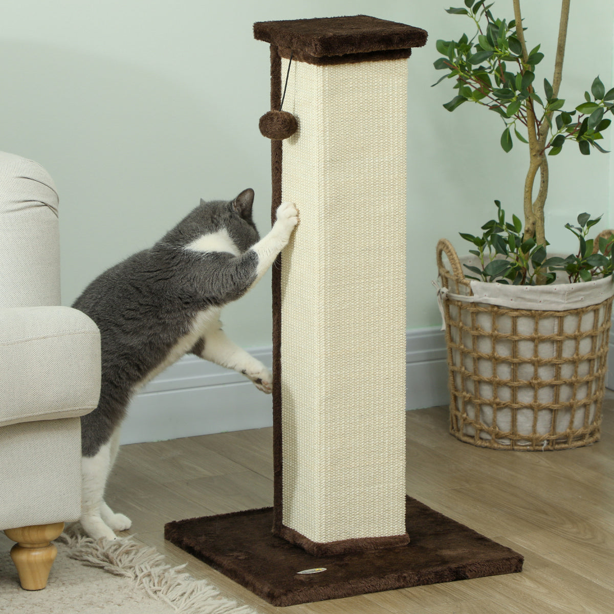 Griffoir pour chat poteau griffoir chat en sisal et peluche, boule suspendue base stable 41 x 41 x 81 cm marron et crème