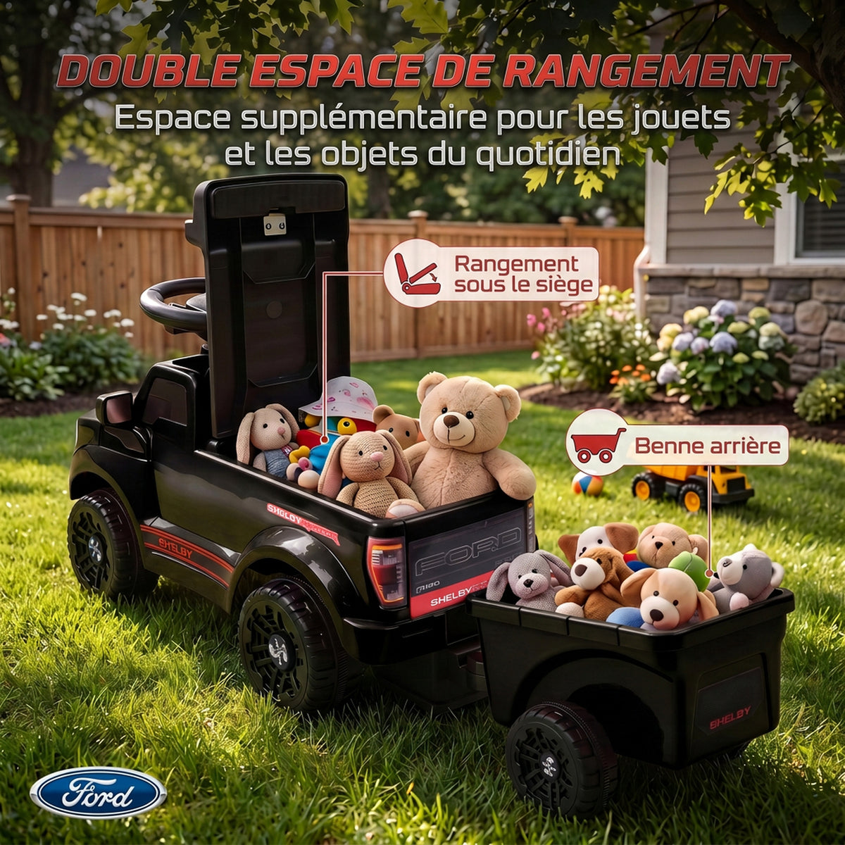 Voiture Porteur pour Enfants Shelby, Dossier, Anti-Basculement, Sons, Compartiment, 18-72 Mois, 80x25,5x33cm, Noir