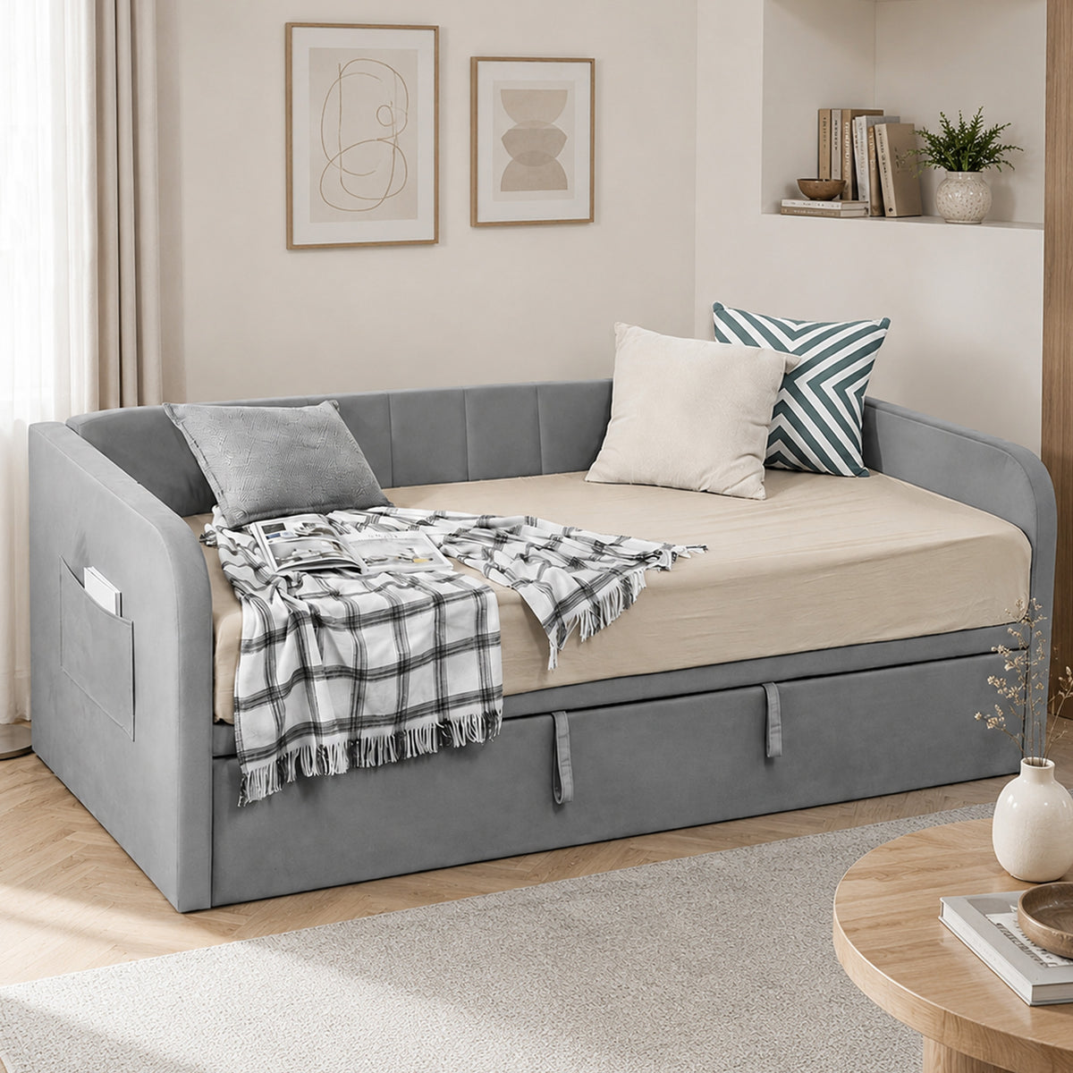 Ausziehbares Bett 90/180x190 cm, 3-Sitzer Schlafsofa, Lattenrost aus Holz, gepolstertes Kopfteil aus Samt, Grau
