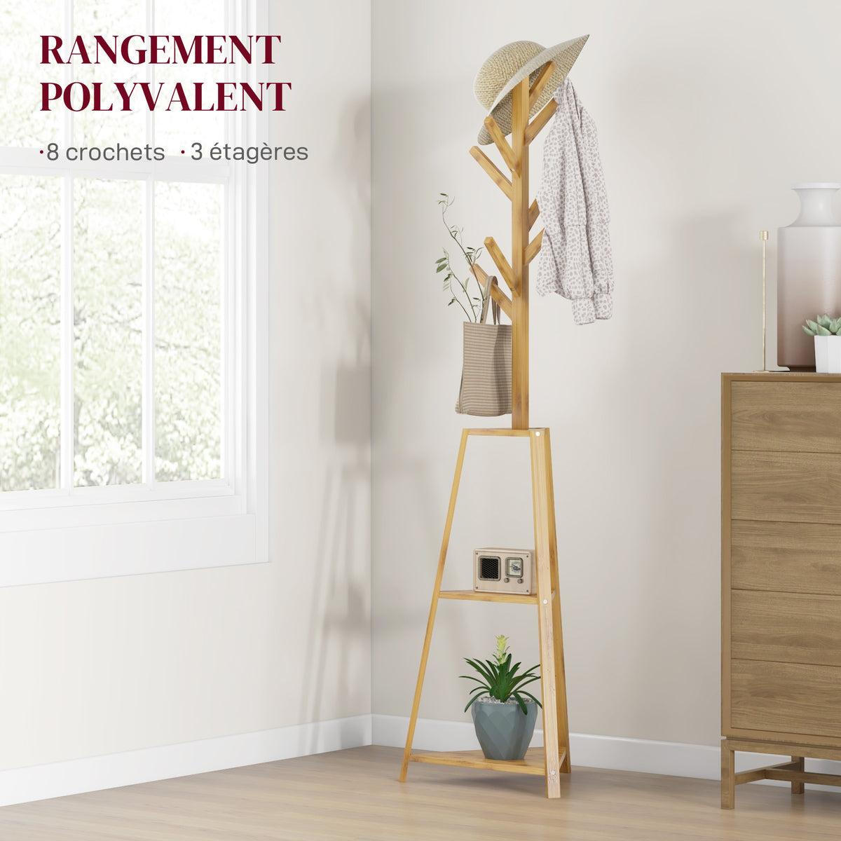 Portemanteau sur pied en bois bambou portant à vêtements 8 patères 3 étagères 46 x 46 x 175 cm naturel