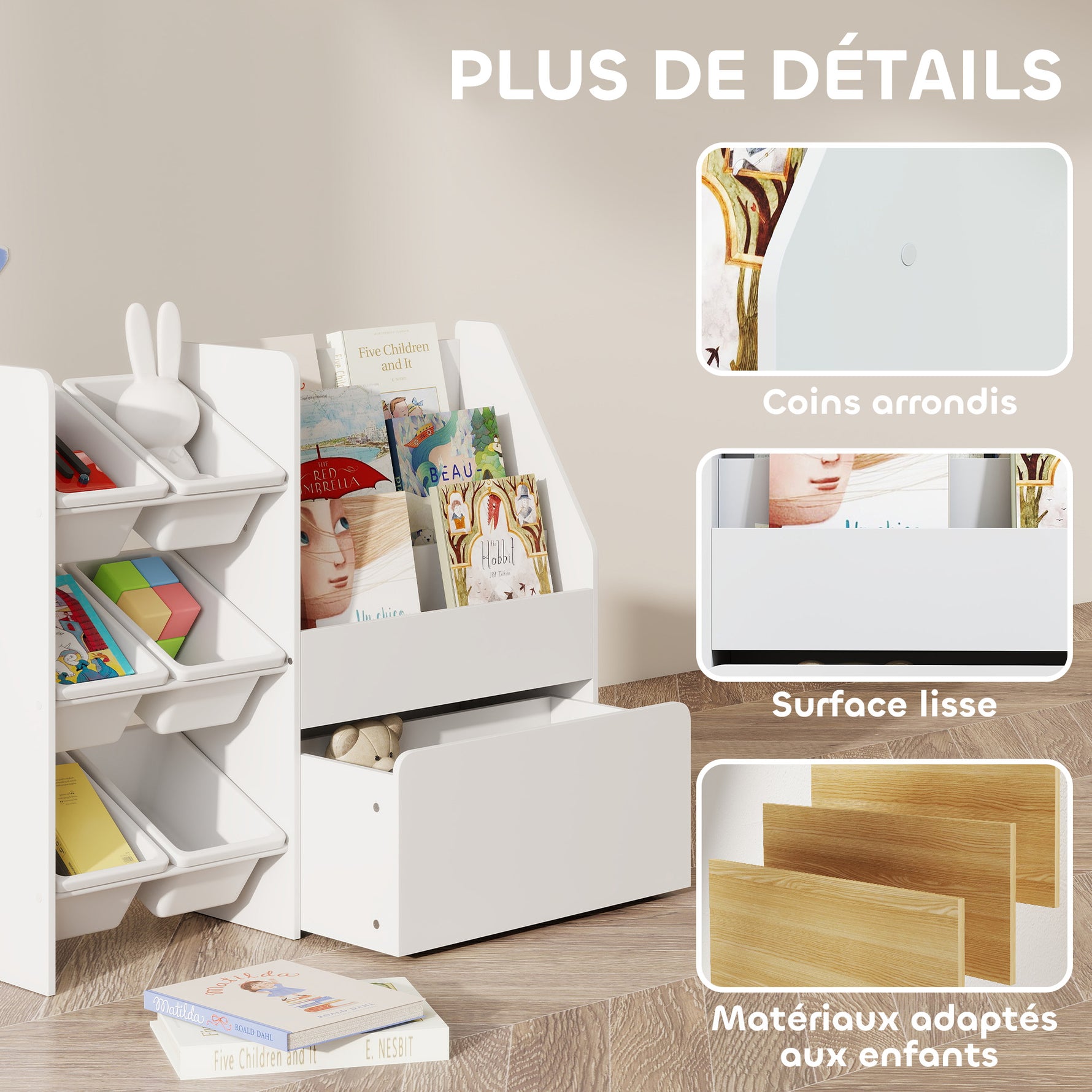 Meuble rangement enfant rangement jouet enfant 6 bacs amovibles et grand coffre à roulettes 100 x 30 x 80 cm blanc