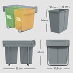 Poubelle cuisine, poubelle sous évier coulissante encastrable avec 2 x 20 L compartiments amovibles, 52x33,5x41cm, gris