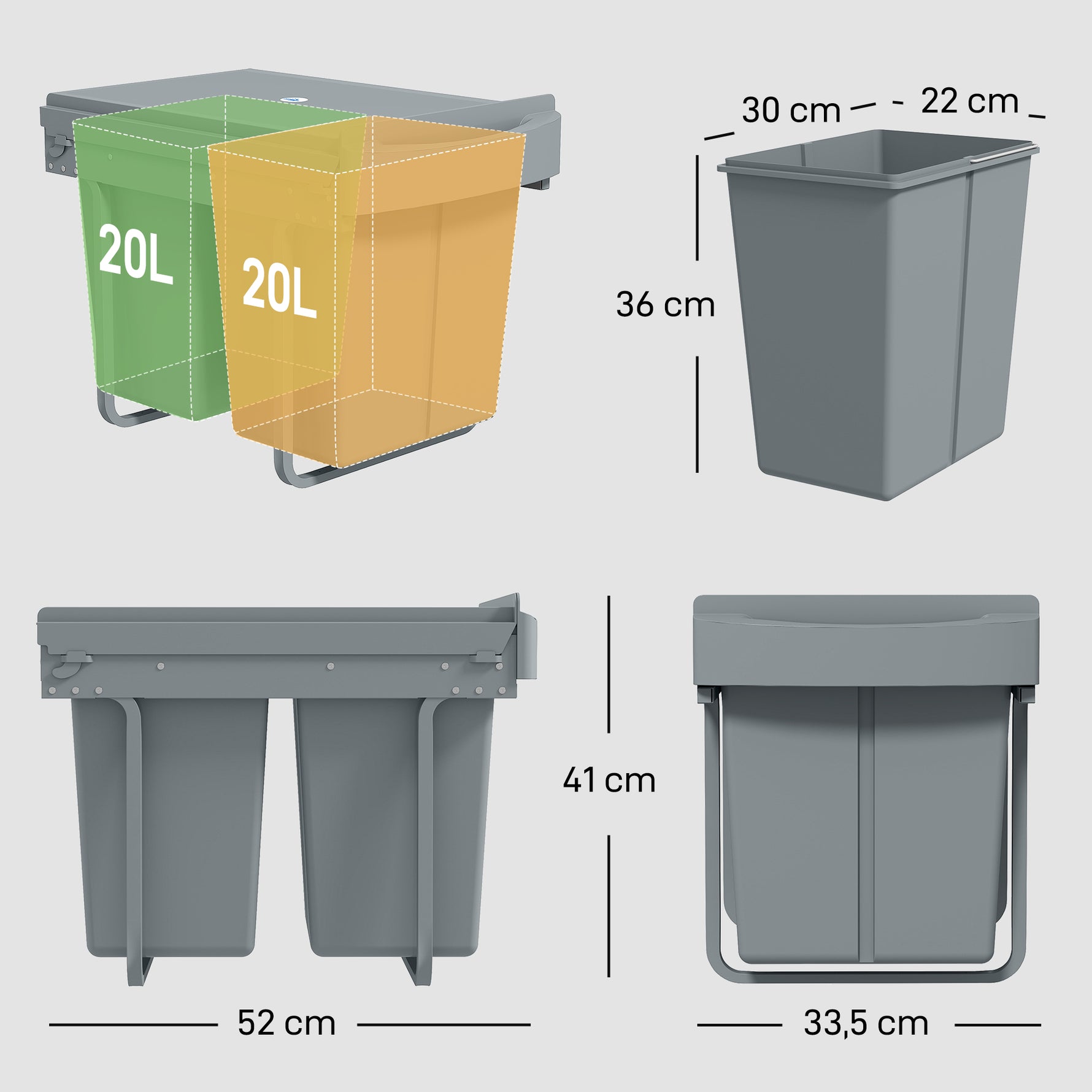 Poubelle cuisine, poubelle sous évier coulissante encastrable avec 2 x 20 L compartiments amovibles, 52x33,5x41cm, gris