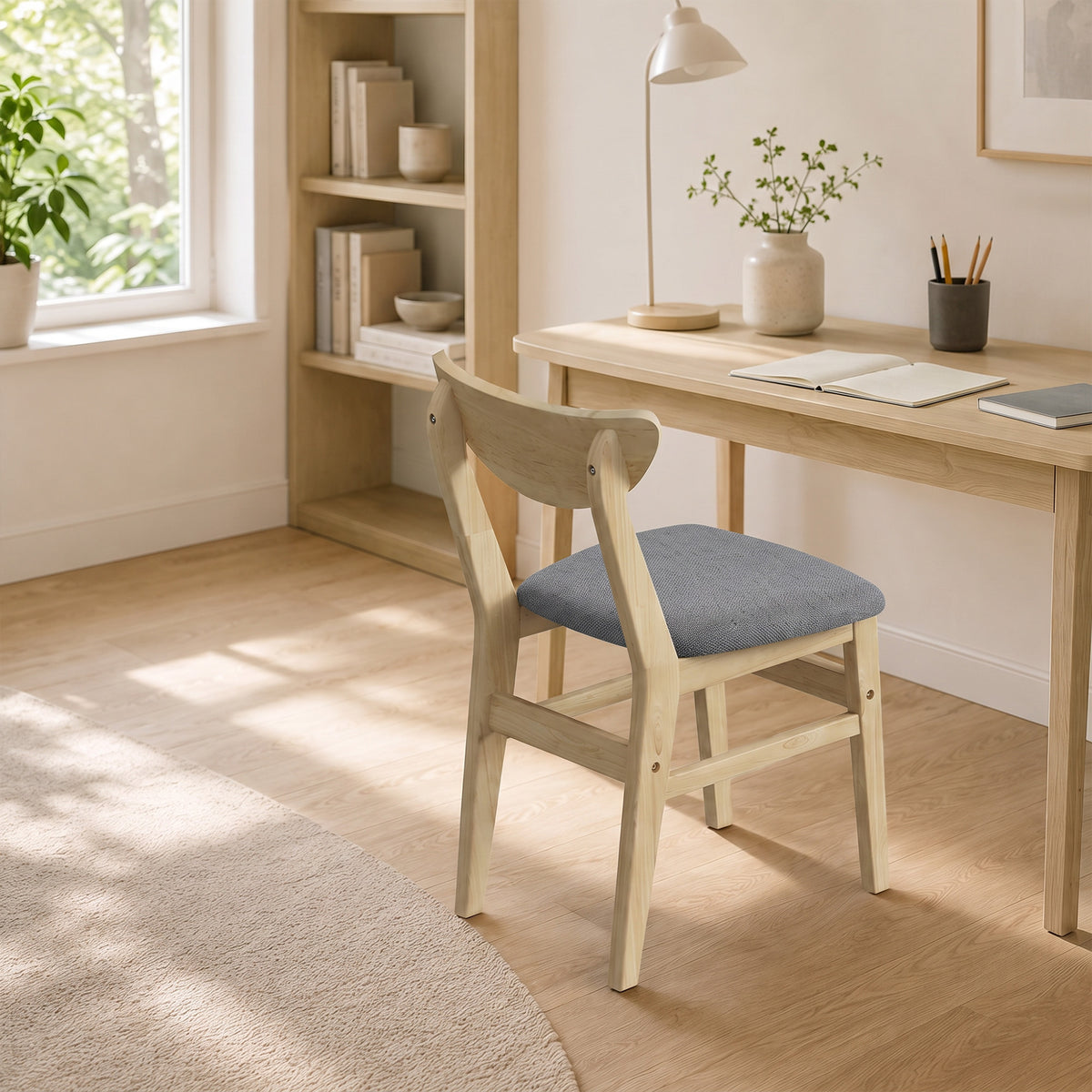 Lote de 2 sillas de comedor, sillas de cocina, asiento tapizado en lino, respaldo curvado, gris y madera natural