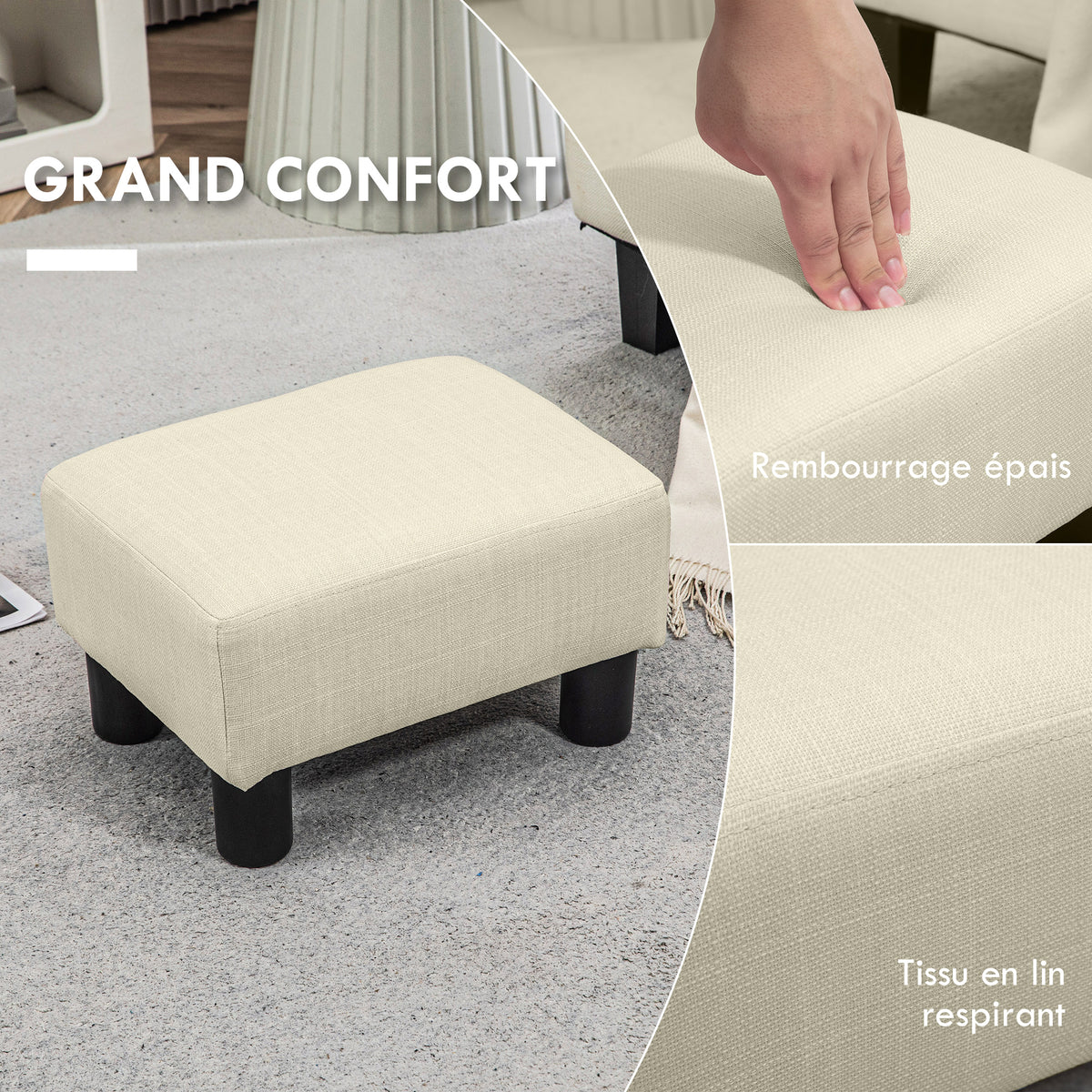 Pouf repose-pied tabouret bas en tissu de lin capacité de charge 110 Kg 40 x 30 x 24 cm beige