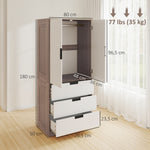 Armoire 2 portes, armoire moderne avec 3 tiroirs et tringle de suspension pour chambre à coucher, marron