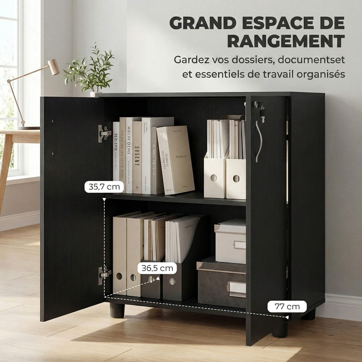 Armario de oficina de 2 niveles, mueble de almacenamiento de oficina con 2 puertas, cerraduras y llaves, 80x40x80cm, negro