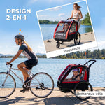 Remolque de bicicleta para niños 2 en 1, cochecito de bicicleta para bebés de 2 plazas, manillar ajustable, freno de mano, cinturón de seguridad, rojo