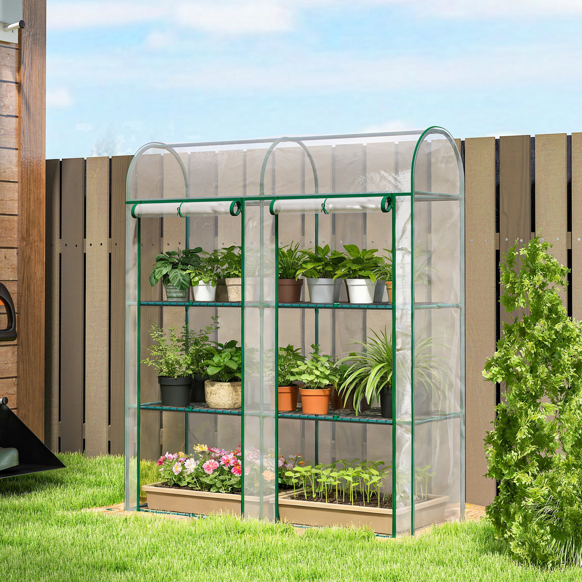 Serre de Jardin avec étagères 3 niveaux, Petite Serre en Bâche PVC et Châssis Acier, 2 Portes Roulantes, Transparent