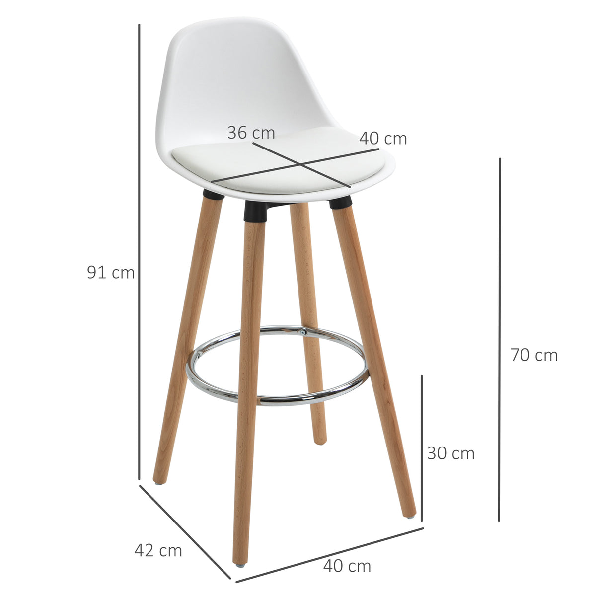 Set di 4 sgabelli da bar in stile scandinavo, altezza 70 cm, con gambe in legno e poggiapiedi in acciaio - bianco