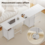 Bureau d'ordinateur pliable sur roulettes, bureau avec rangement, 3 tiroirs, plateau extensible, 105x51x75,5cm, blanc