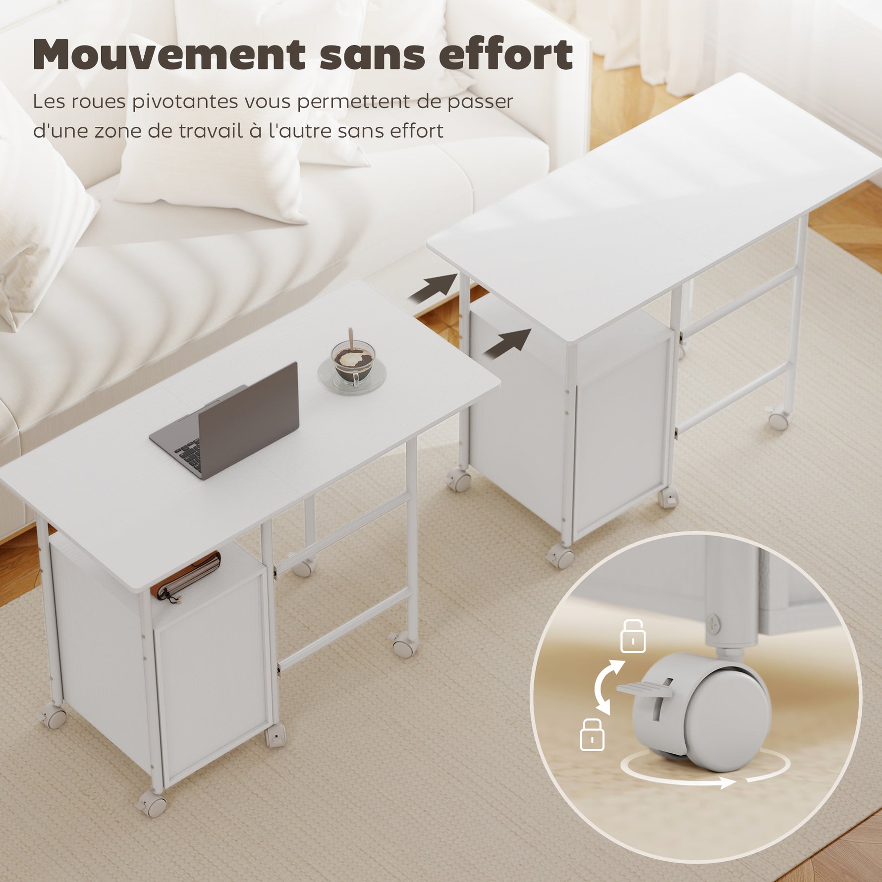 Bureau d'ordinateur pliable sur roulettes, bureau avec rangement, 3 tiroirs, plateau extensible, 105x51x75,5cm, blanc