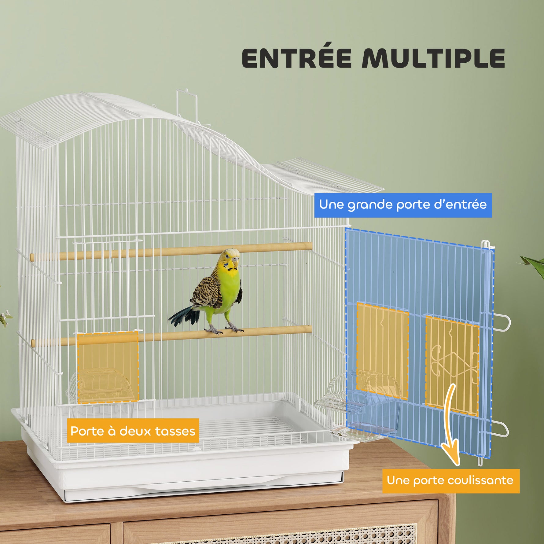 Cage à oiseau volière avec 4 portes, 2 perchoirs, plateau coulissant, pour inséparables perruches 4,7,5x36x54,5cm, blanc