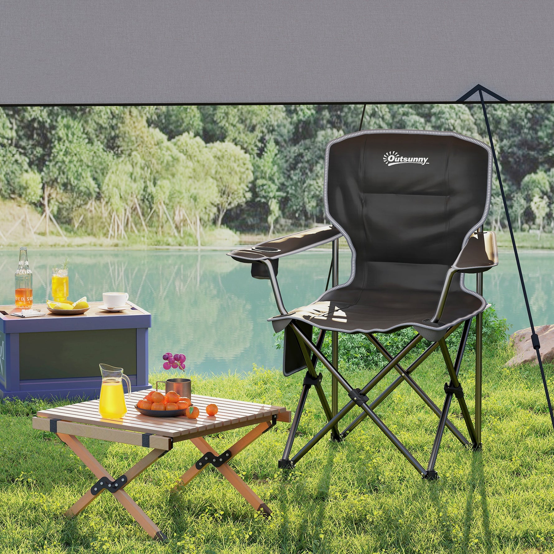 Chaise de camping pliante et portable avec porte-gobelets, poches latérales et sac de transport, noir