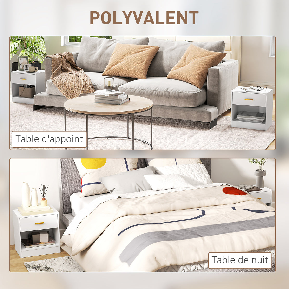 Lot de 2 tables de chevet, table de nuit avec 2 tiroirs et étagères ouvertes, style moderne, 39 x 28 x 41 cm, blanc