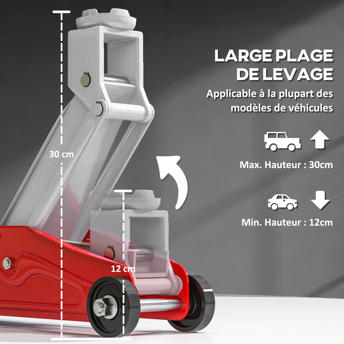 Cric hydraulique à profil bas en acier robuste, Charge maximale de 2000 kg, capacité de levage de 12 à 30 cm, rouge