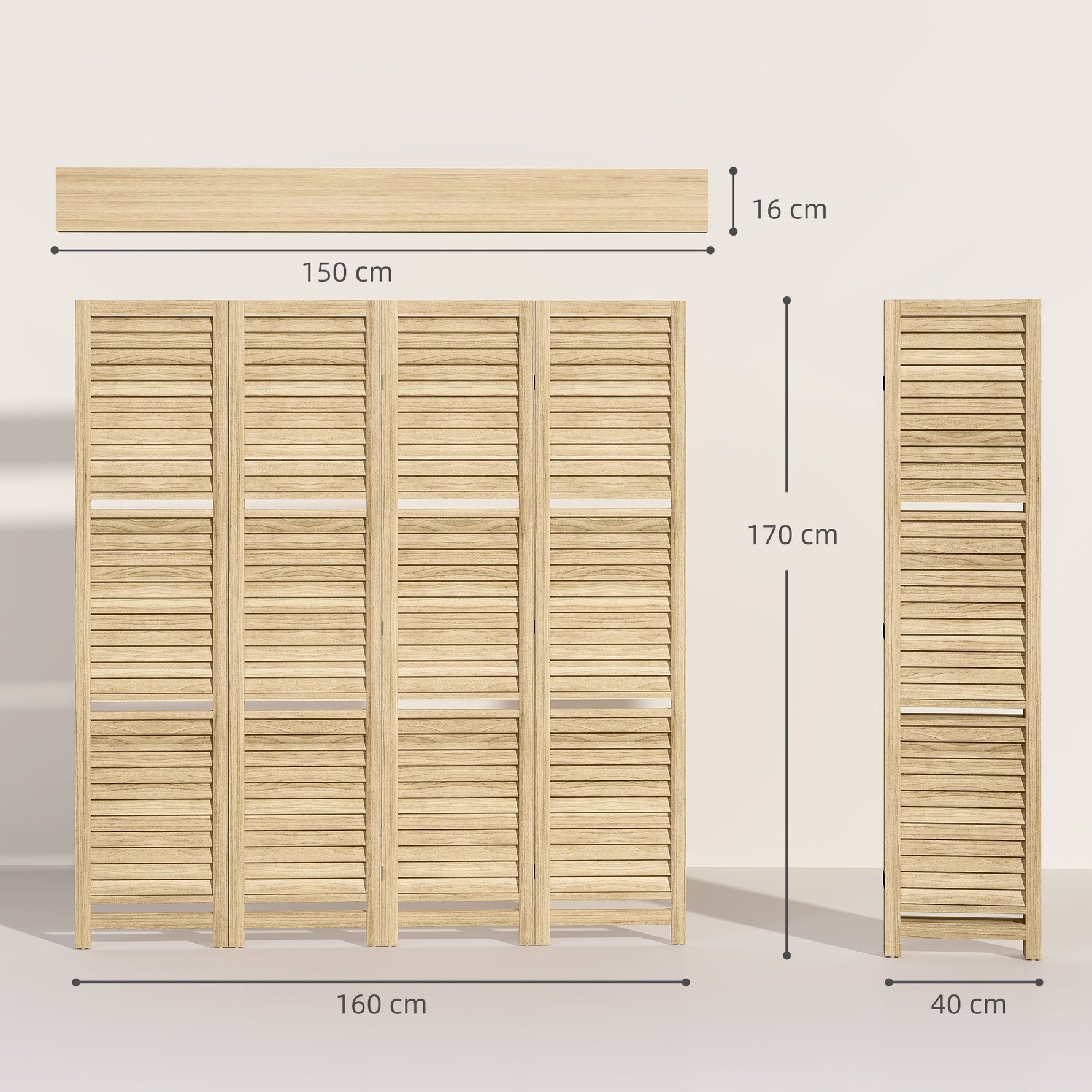 Paravent intérieur 4 panneaux 160L x 170H cm 3 étagères pliables séparateur de pièce portes persiennes naturel