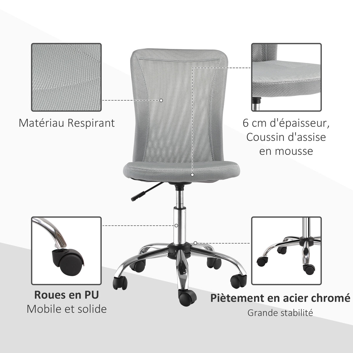 Chaise de Bureau Ergonomique, Fauteuil de Bureau, Hauteur Réglable, Piètement Chromé, Pivotant 360°, Revêtement Maille, Gris