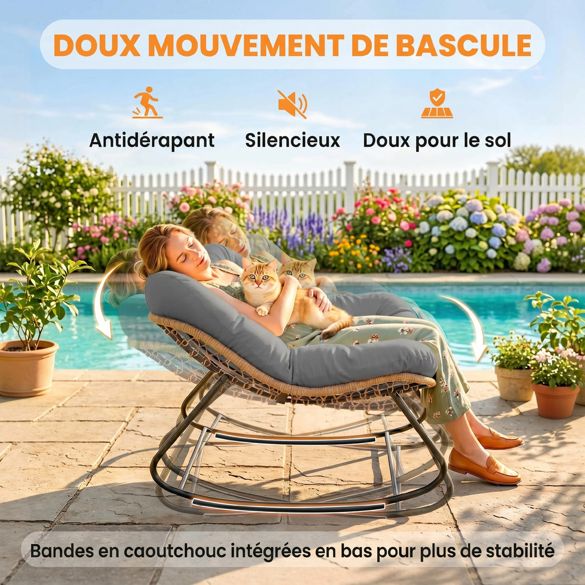 Fauteuil à Bascule Papasan Intérieur Extérieur, Chaise Ovale à Bascule Rembourrée pour Jardin, Patio, Gris