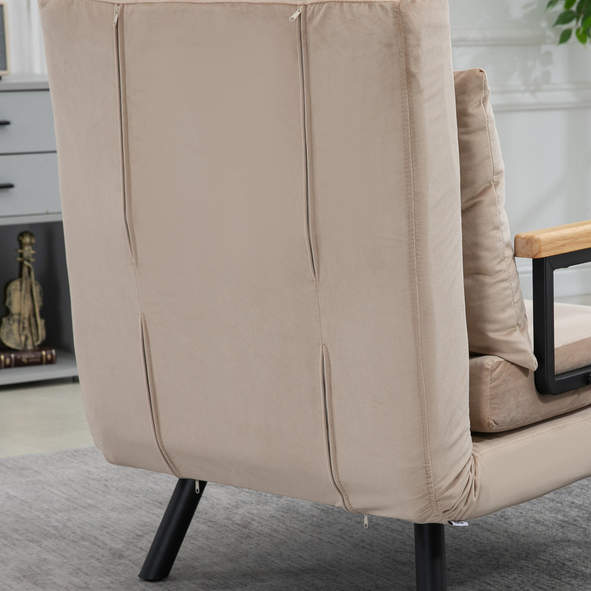 Fauteuil convertible 3 en 1 lit 1 place dossier 5 positions, accoudoirs en bois et coussin, tissu effet velours, beige
