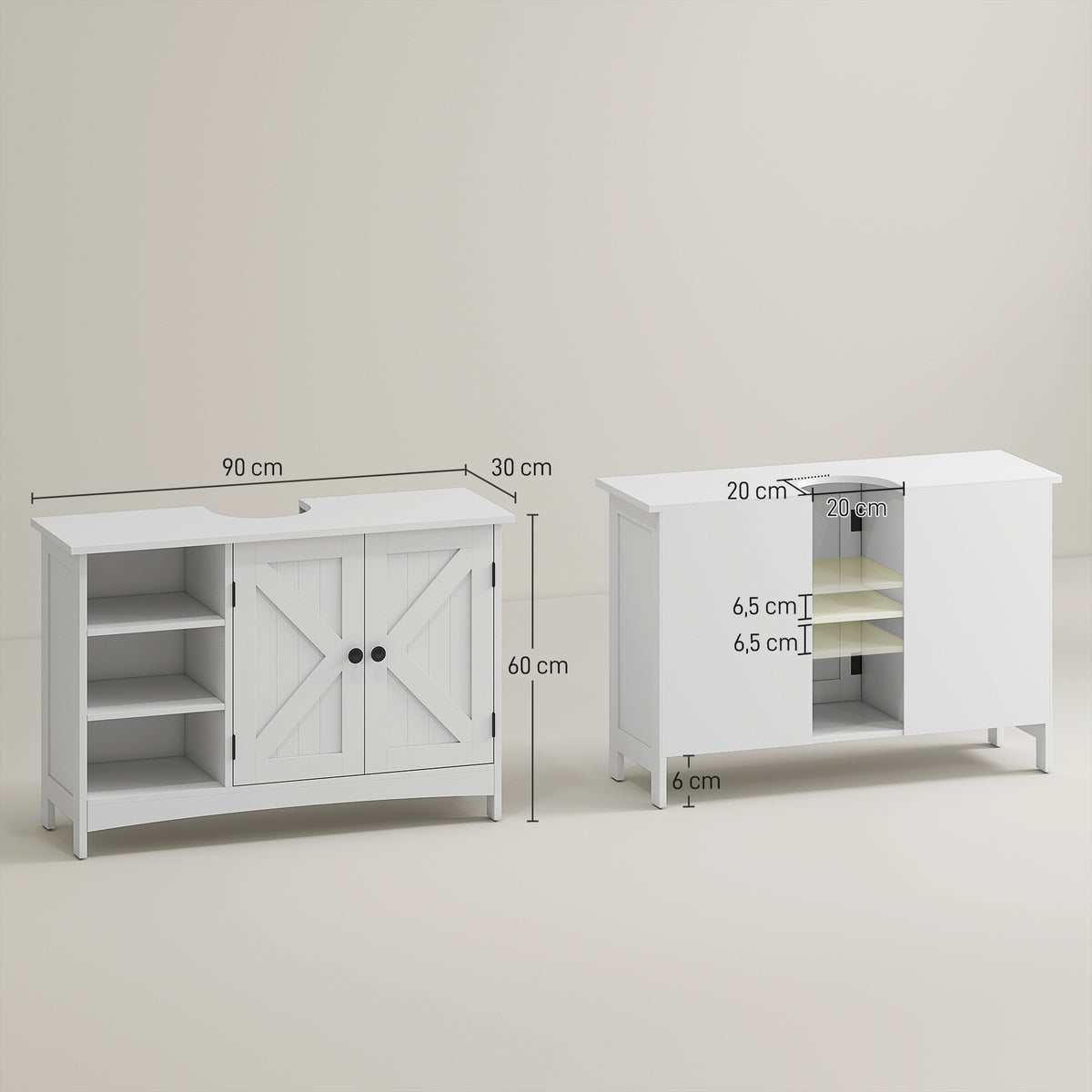 Meuble sous vasque lavabo salle de bain style classique placard 2 portes étagères réglables 90 x 30 x 60 cm blanc