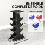 Lot 3 haltères hexagonaux avec support, 2 x 1kg, 2 x 3kg, 2 x 5kg, poignées antidérapantes, fitness à domicile