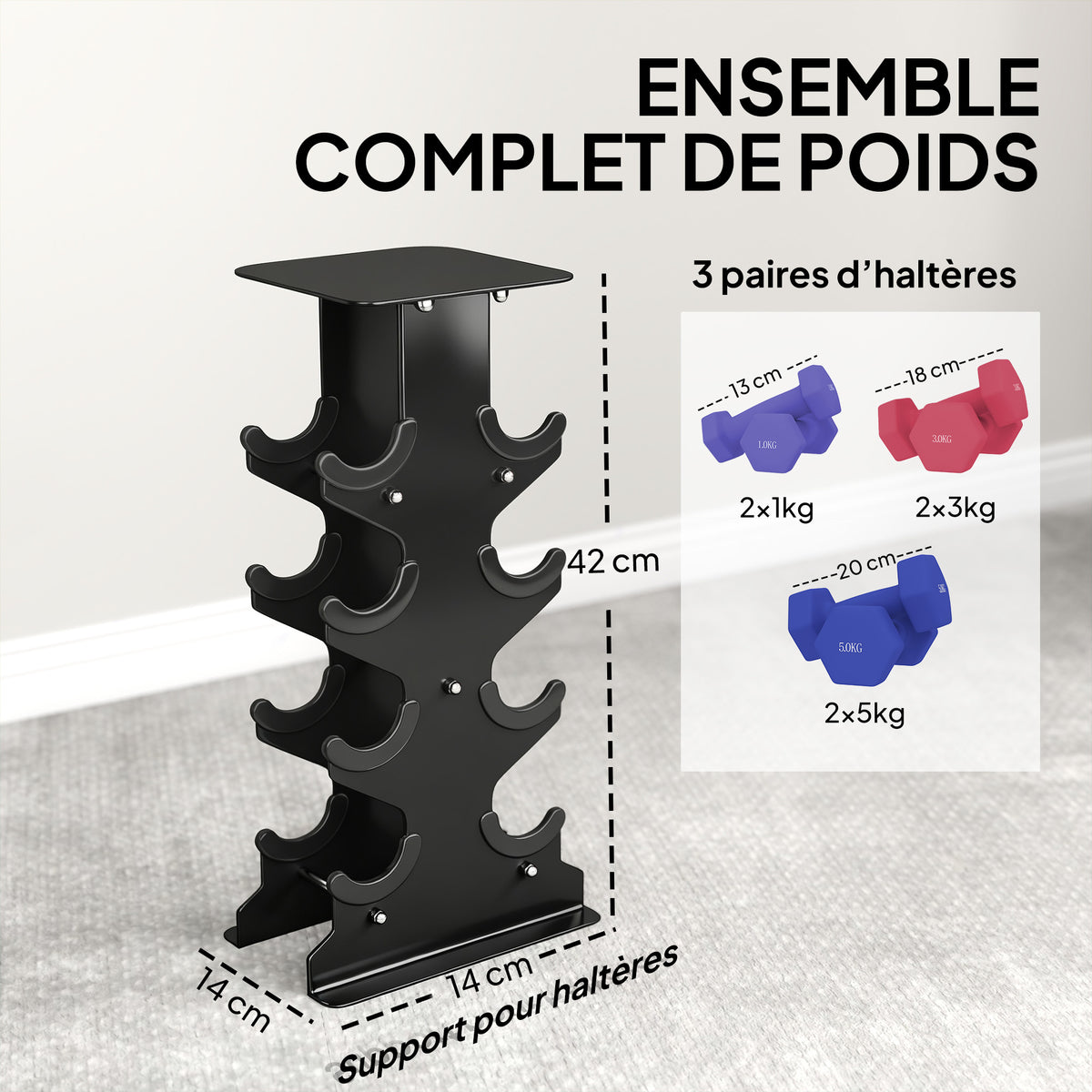 Lot 3 haltères hexagonaux avec support, 2 x 1kg, 2 x 3kg, 2 x 5kg, poignées antidérapantes, fitness à domicile