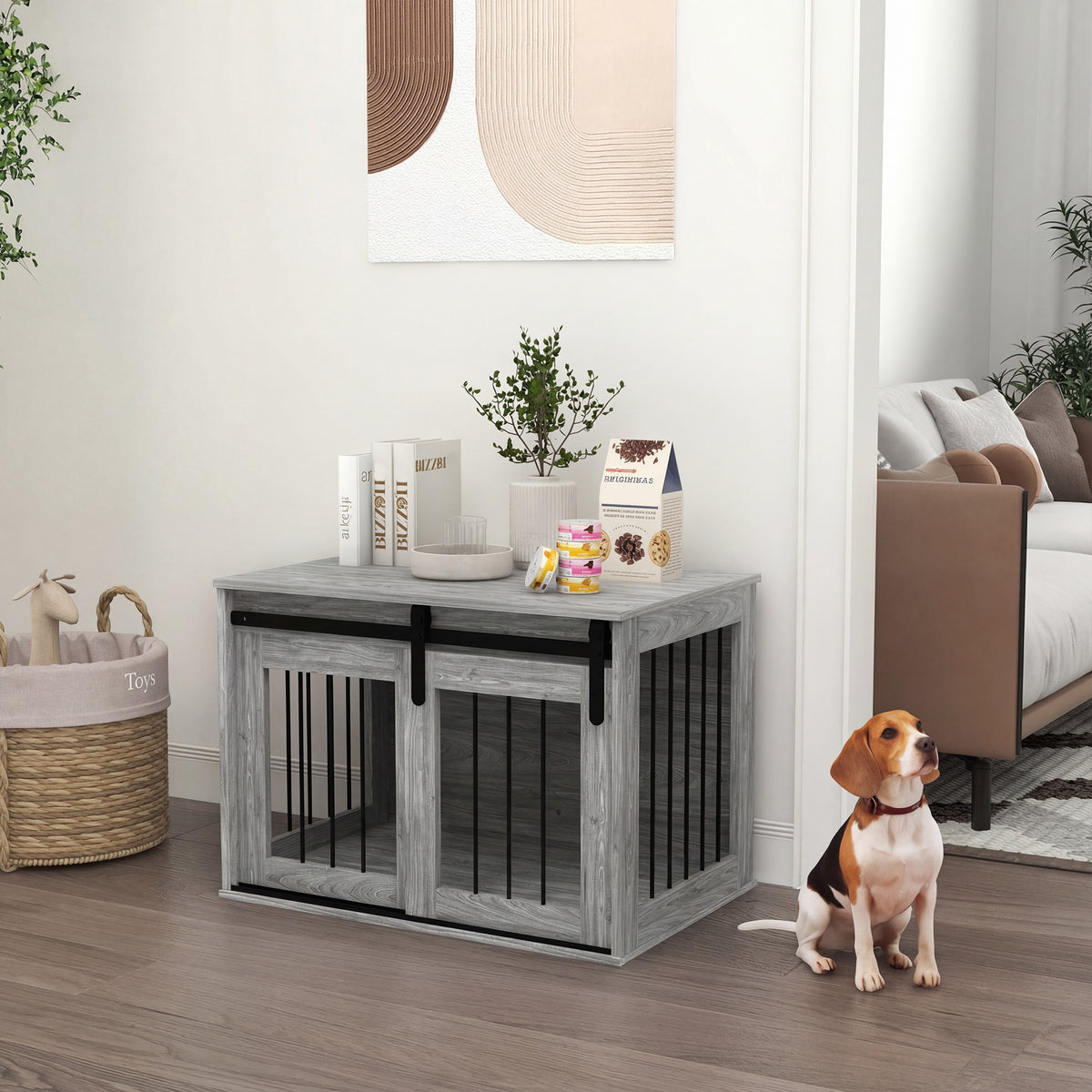 Cage caisse pour chien animaux intérieur porte coulissante, métal effet bois, dim. 57H x 80L x 54l cm
