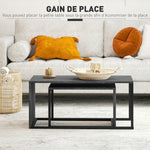 Lot de 2 tables basses gigognes design industriel encastrable en métal noir et effet marbre gris foncé